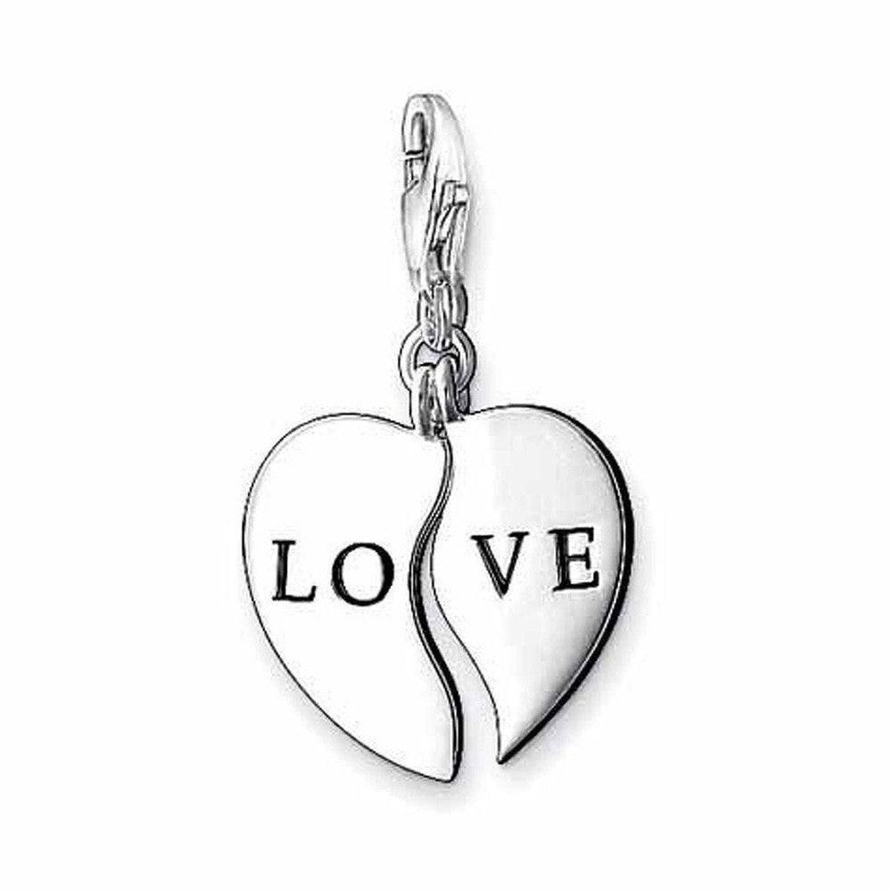 Charm 0630 Heart Love: Silver split heart charm with "LOVE" engraved, perfect gift for couples.
