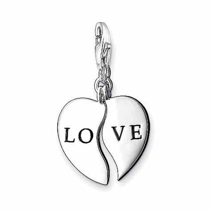 Charm 0630 Heart Love: Silver split heart charm with "LOVE" engraved, perfect gift for couples.
