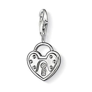 Silver heart-shaped padlock charm with clear cubic zirconia accents.
