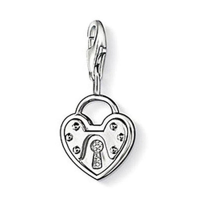 Silver heart-shaped padlock charm with clear cubic zirconia accents.
