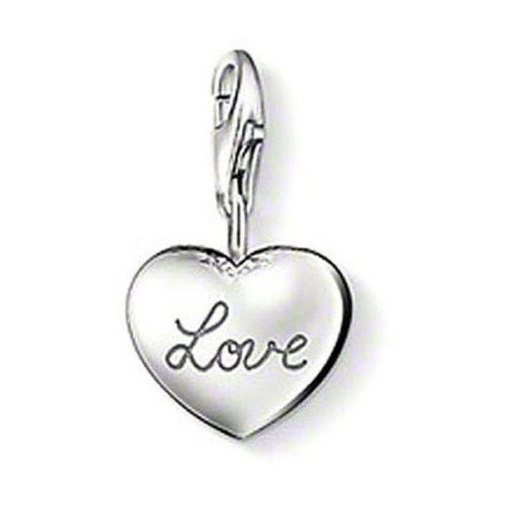 Silver heart charm with "Love" inscription, featuring a clip clasp.
