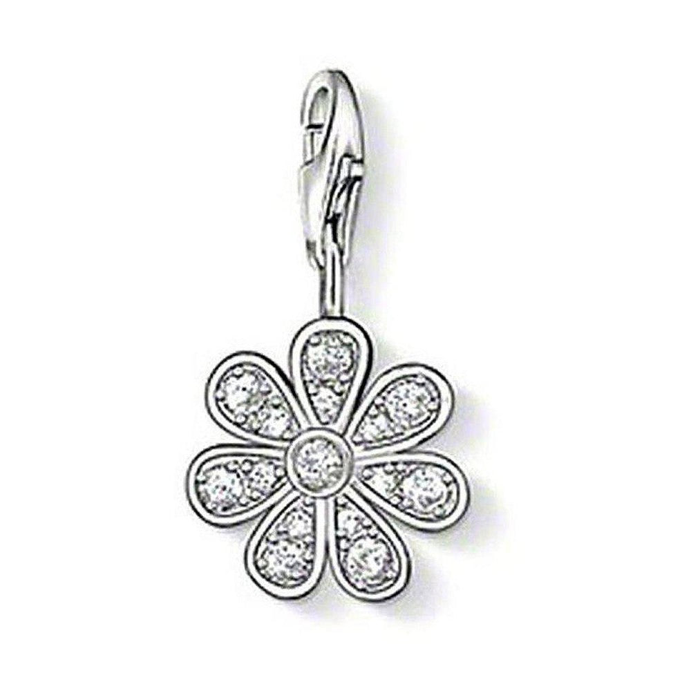 Silver charm featuring a clear zirconia flower design.
