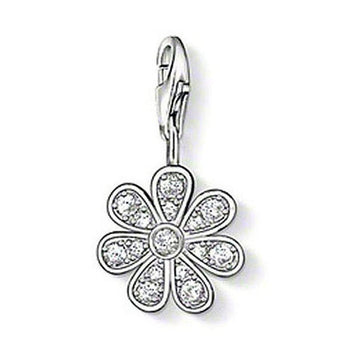 Silver charm featuring a clear zirconia flower design.
