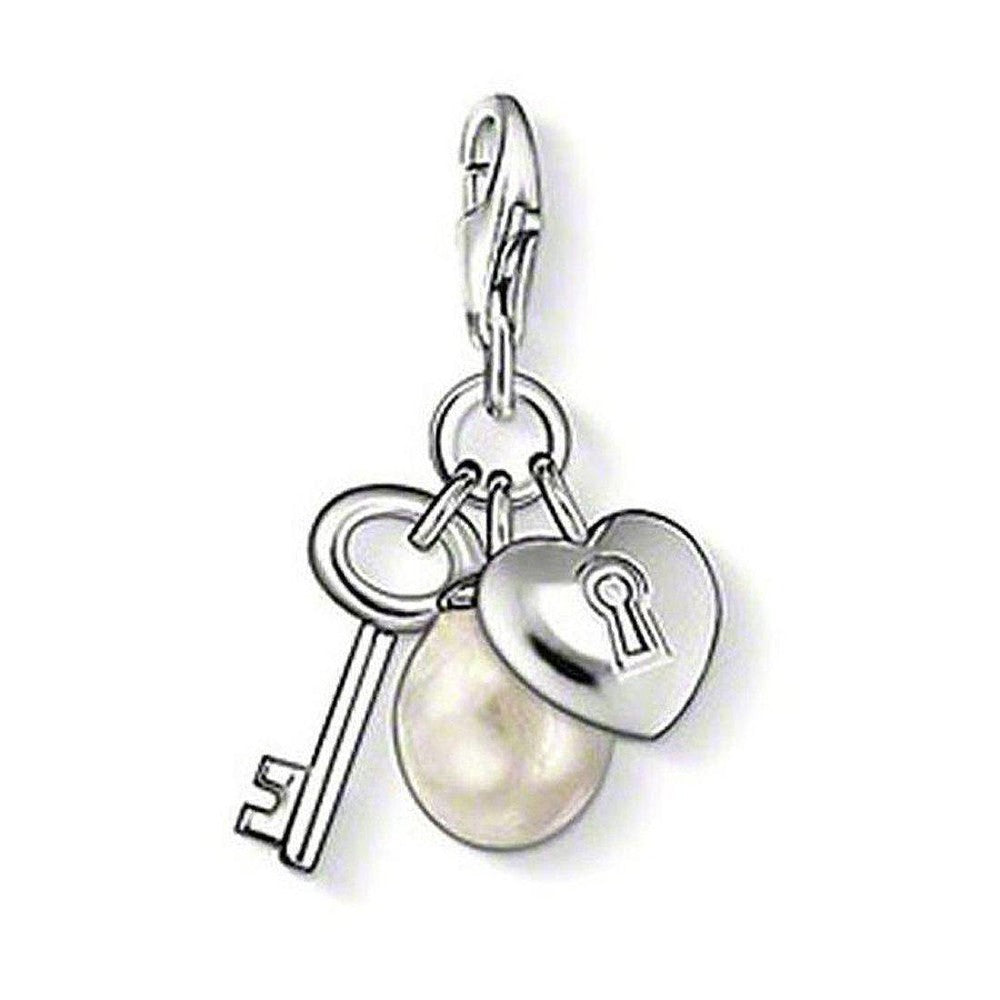 Charm 0817 Key Heart with Pearl charm: silver key, heart lock, and pearl pendant.
