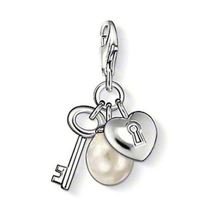 Charm 0817 Key Heart with Pearl charm: silver key, heart lock, and pearl pendant.
