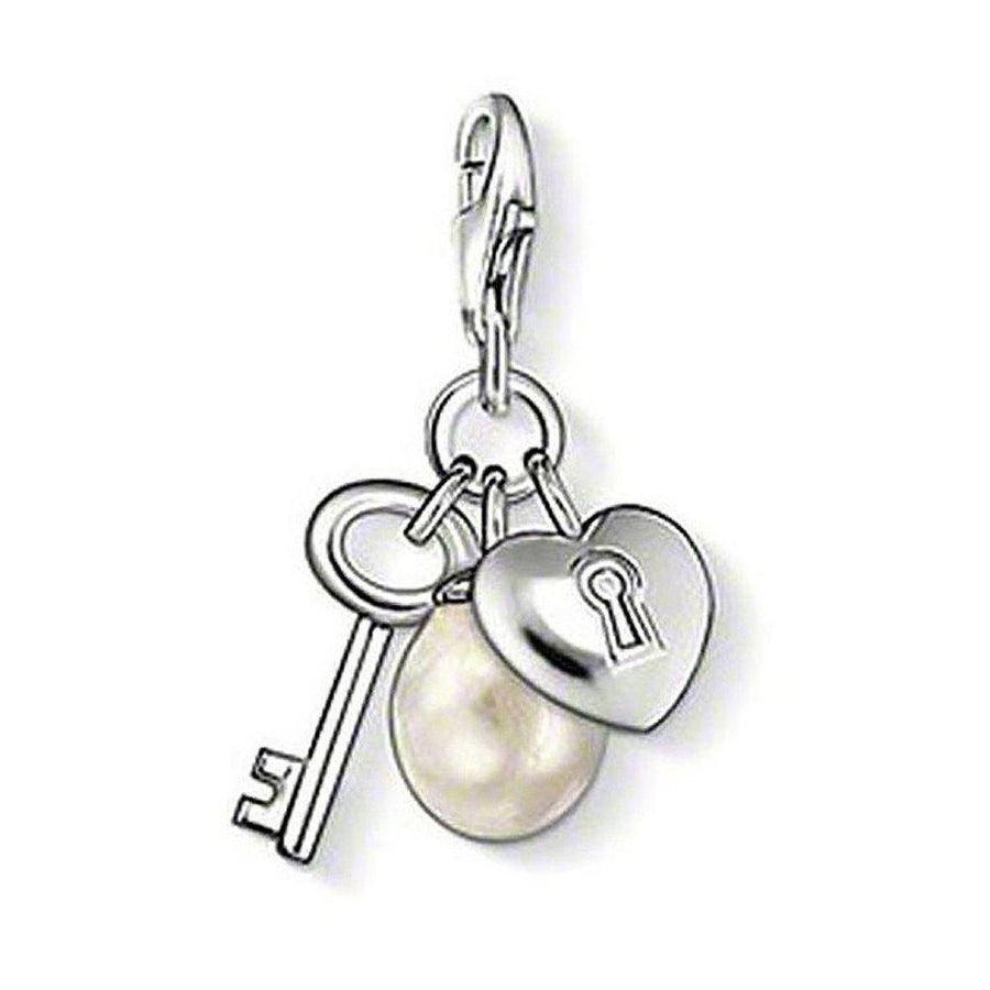 Charm 0817 Key Heart with Pearl charm: silver key, heart lock, and pearl pendant.
