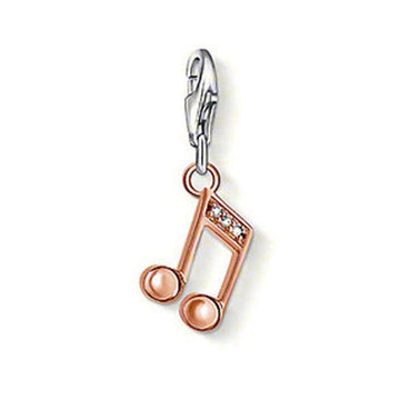 Rose gold musical note charm with clear cubic zirconia accents and pearl detailing.
