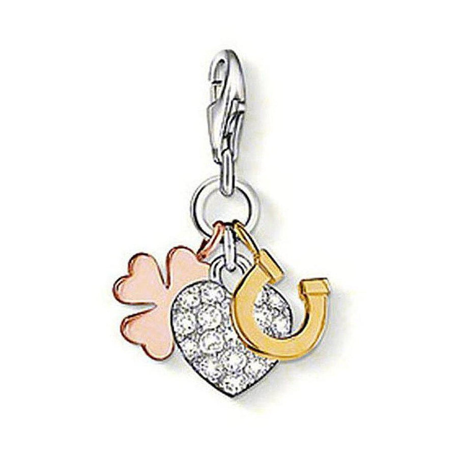 Charm 0944 Lucky Charm:  Silver, gold, and rose gold-tone charm featuring a crystal-encrusted heart, horseshoe, and four-leaf clover.
