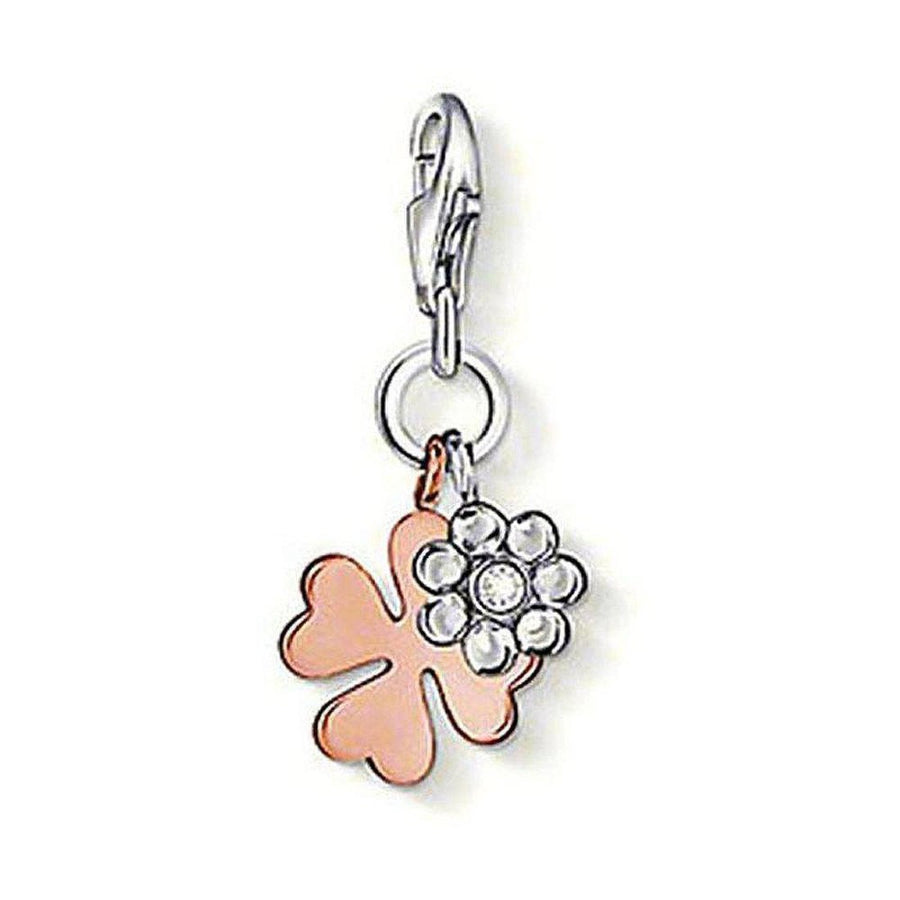 Charm 0955 Cloverleaf: Rose gold clover charm with clear crystal flower, silver clasp.
