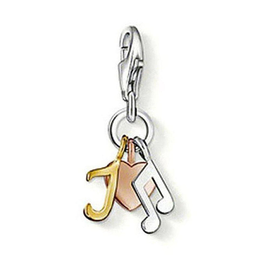 Charm 0968 Music Charm: silver clasp, gold J, rose gold heart, silver musical notes.
