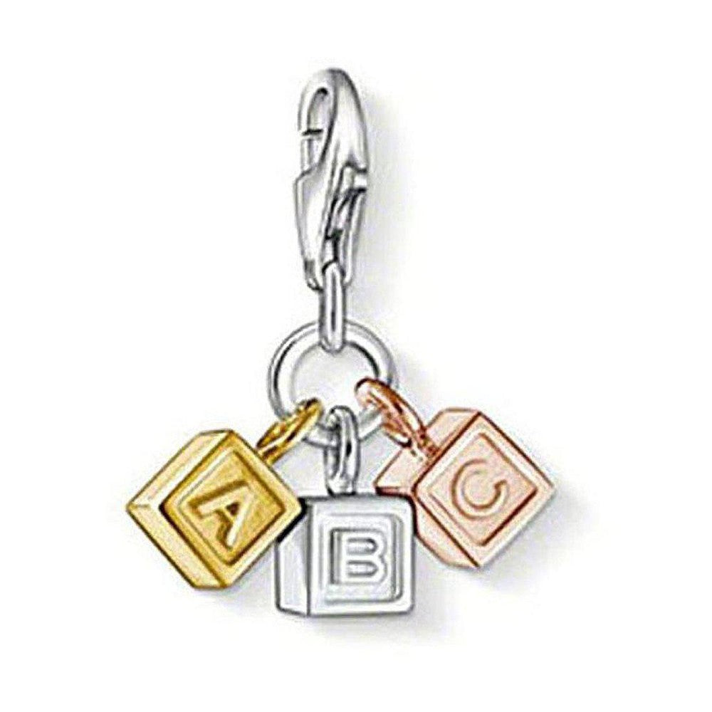 Charm 1005 Abc Baby Charm: Gold, silver, rose gold ABC block charm for baby.
