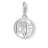 Charm 1137 Love Charm: Silver circle pendant with cubic zirconia heart and LOVE lettering.
