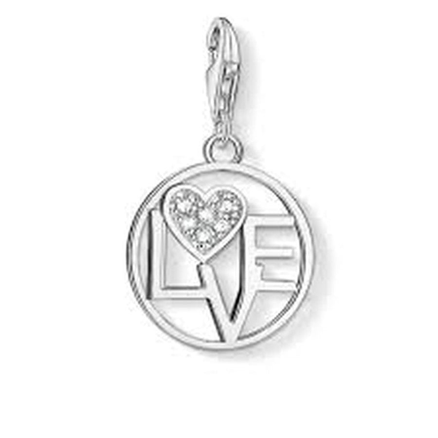 Charm 1137 Love Charm: Silver circle pendant with cubic zirconia heart and LOVE lettering.
