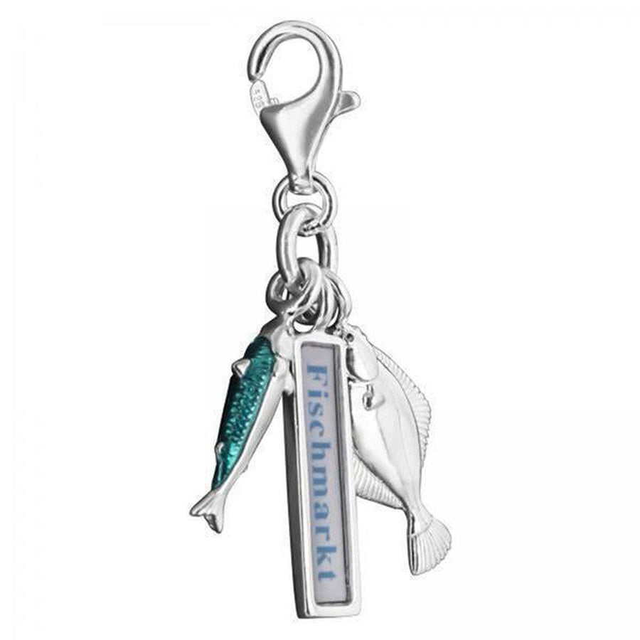 Charm 1152 Hamburg Fish Market: Sterling silver charm with enamel fish & "Fischmarkt" tag.
