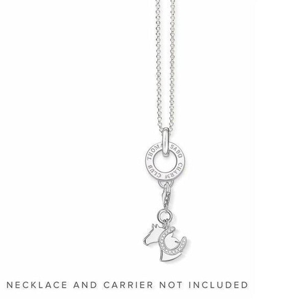 Silver horse & horseshoe charm;  hanging from a circular pendant.
