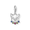 Charm 1295 Cat charm, silver cat face with colorful crystal necklace
