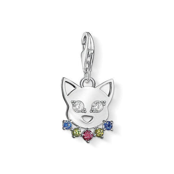 Charm 1295 Cat charm, silver cat face with colorful crystal necklace
