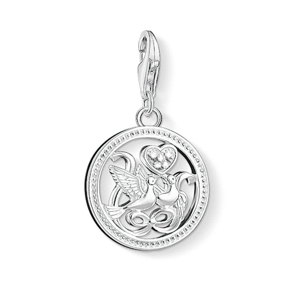 Charm 1304 Birds: Silver charm featuring two birds and a heart, perfect romantic gift.
