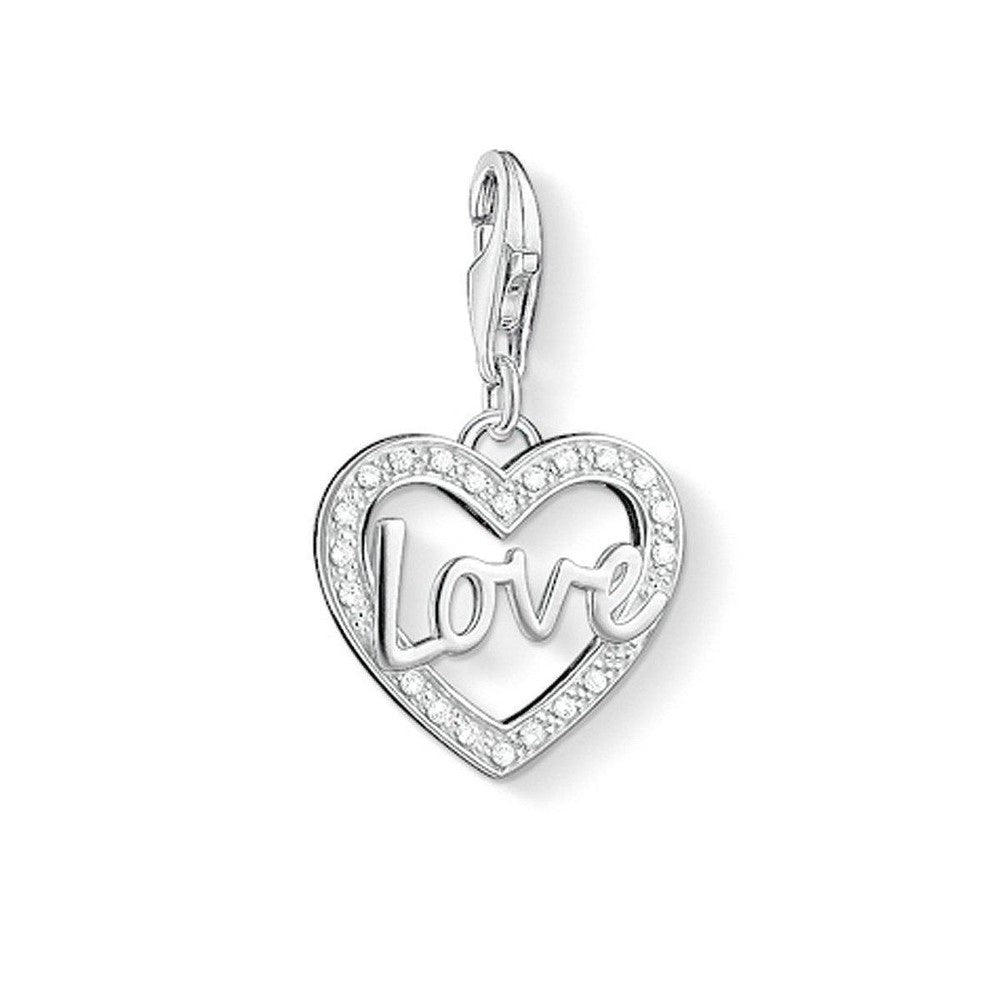 Charm 1310 Love Heart: Silver heart charm with clear cubic zirconia accents and "Love" lettering.
