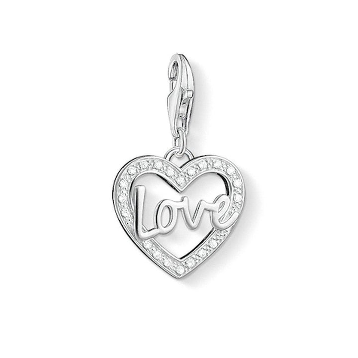 Charm 1310 Love Heart: Silver heart charm with clear cubic zirconia accents and "Love" lettering.
