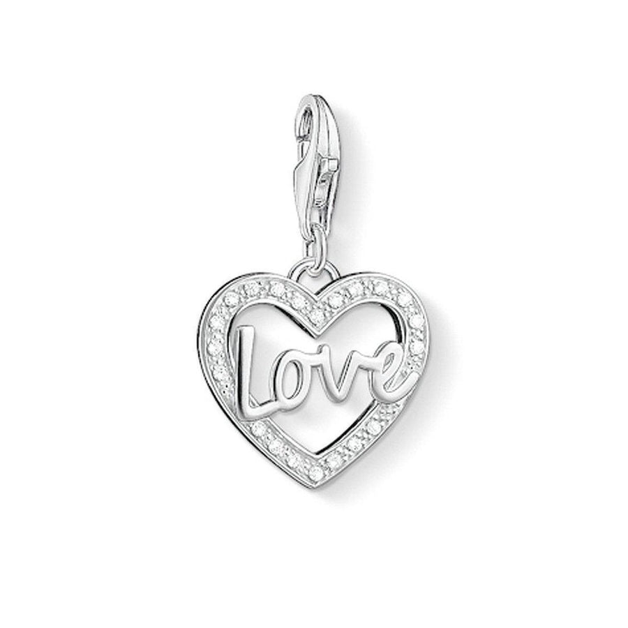 Charm 1310 Love Heart: Silver heart charm with clear cubic zirconia accents and "Love" lettering.
