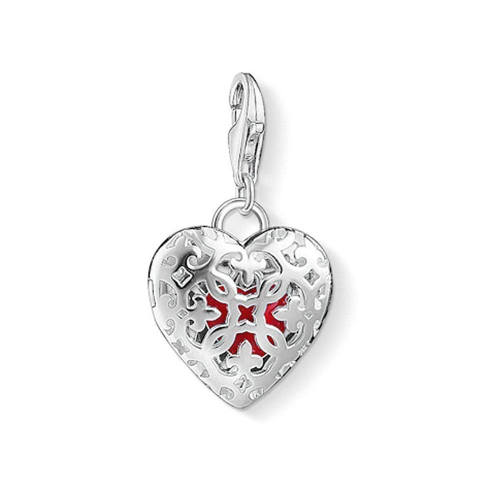 Charm 1313 Locket Heart: Silver filigree heart charm with red enamel detail, perfect gift for Valentine's Day.
