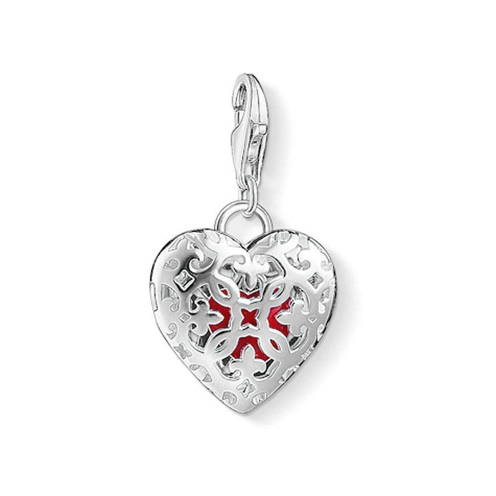 Charm 1313 Locket Heart: Silver filigree heart charm with red enamel detail, perfect gift for Valentine's Day.
