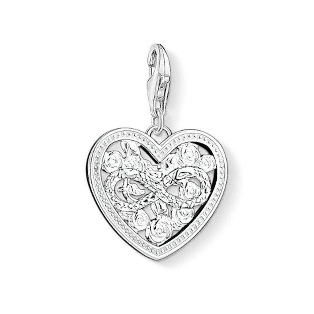 Charm 1315 Infinity Heart: Silver heart-shaped charm with intricate infinity symbol and rose detail.
