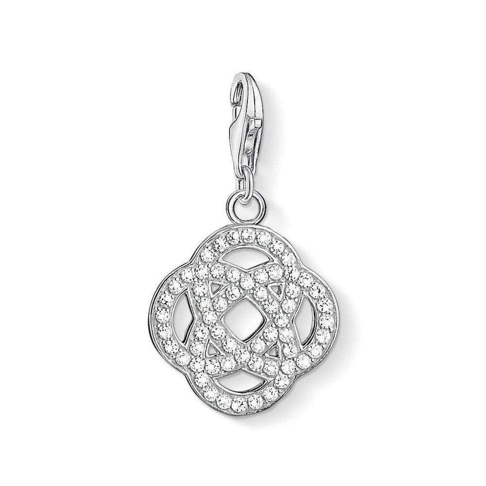 Charm 1330 Intricate Eternity charm: silver, clear crystal clover knot pendant.
