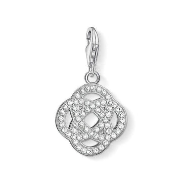 Charm 1330 Intricate Eternity charm: silver, clear crystal clover knot pendant.
