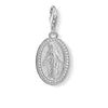 Charm 1359 Holy Mary charm, silver oval pendant with cubic zirconia accents, featuring Madonna image.
