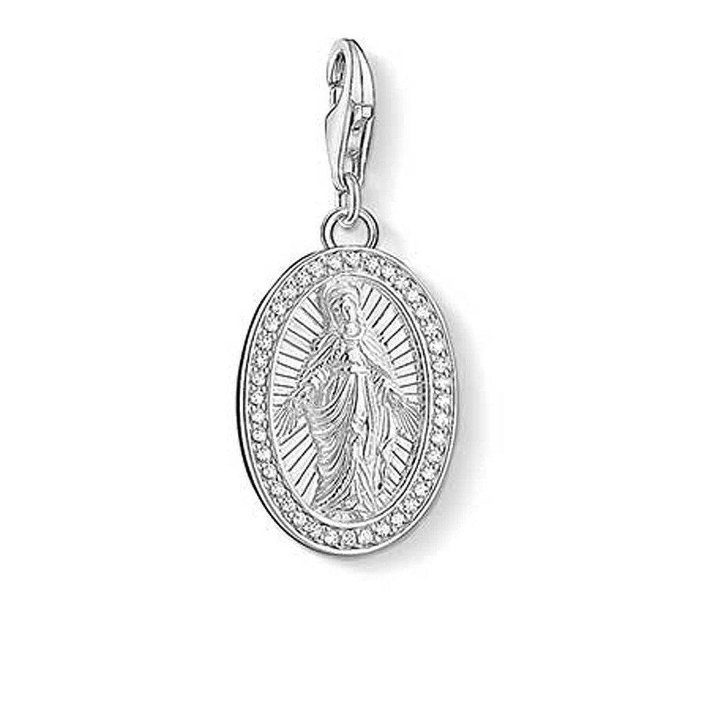 Charm 1359 Holy Mary charm, silver oval pendant with cubic zirconia accents, featuring Madonna image.
