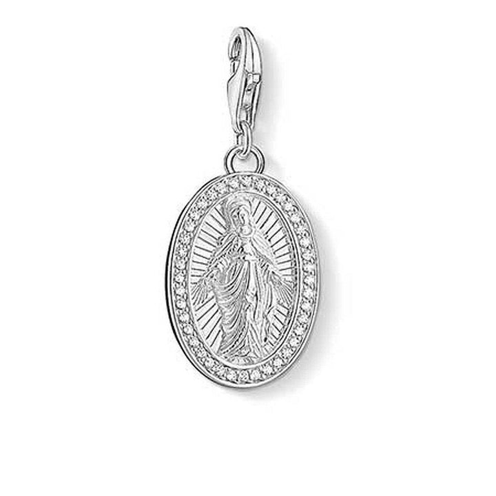 Charm 1359 Holy Mary charm, silver oval pendant with cubic zirconia accents, featuring Madonna image.
