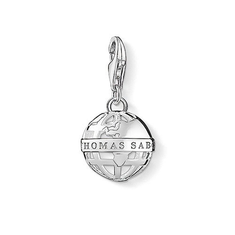 Thomas Sabo Charm 1432: Sterling silver world globe charm with engraved brand name, perfect for travelers.
