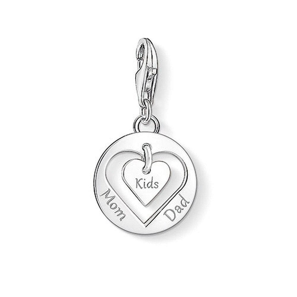 Charm 1454 Mum, Dad, Kids silver charm; double heart design engraved with "Mom," "Dad," and "Kids."
