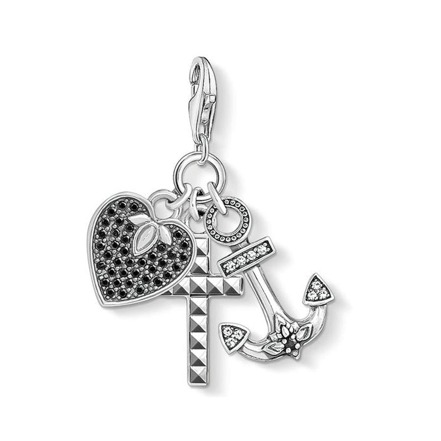 Charm 1555 Faith Hope Love charm: silver-tone anchor, cross, black heart with clear & black crystals.
