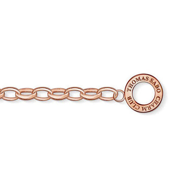 Rose gold charm bracelet links;  oval chain with engraved disc.
