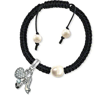 Black braided cord bracelet adorned with pearls and a charm featuring a heart, ring, and shoe.
