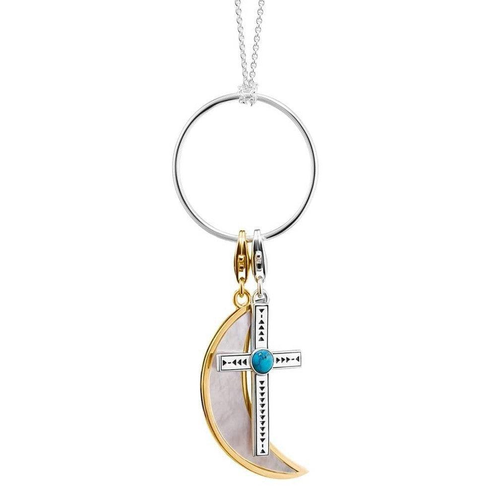 Two-toned gold and silver necklace featuring a crescent moon and cross charm.

