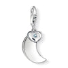 Charm DC0018 Moon & Heart diamond charm: Silver crescent moon charm with a heart-shaped blue diamond.
