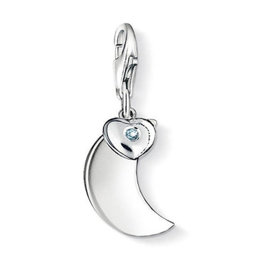 Charm DC0018 Moon & Heart diamond charm: Silver crescent moon charm with a heart-shaped blue diamond.

