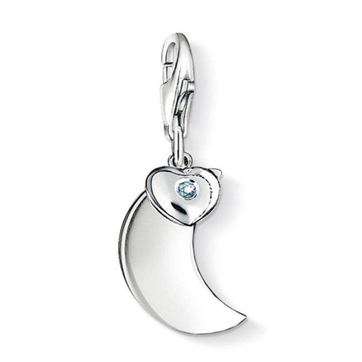 Charm DC0018 Moon & Heart diamond charm: Silver crescent moon charm with a heart-shaped blue diamond.
