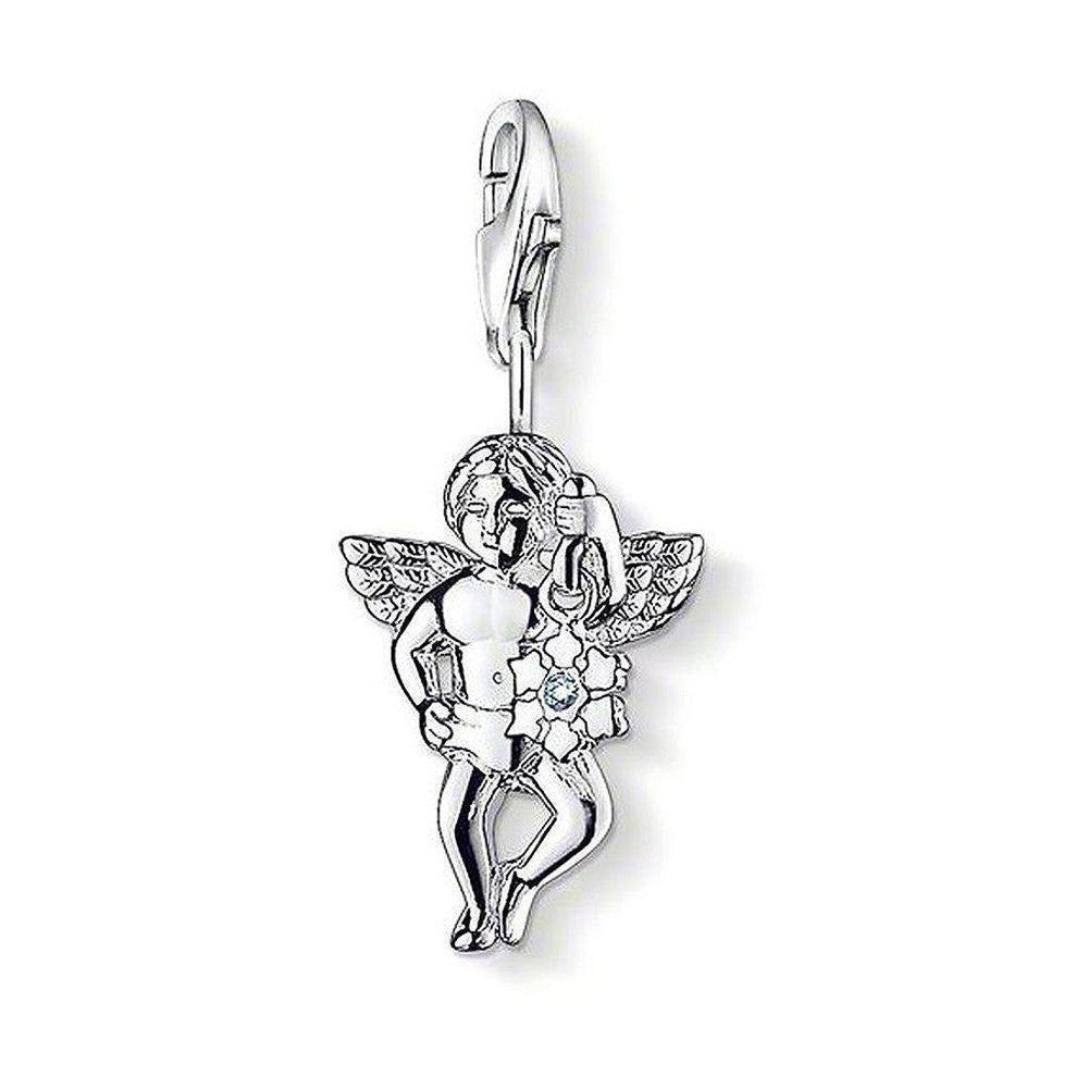 Charm DC0019 Angel: Silver cherub charm with wings, holding a flower and featuring a clear stone.
