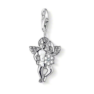 Charm DC0019 Angel: Silver cherub charm with wings, holding a flower and featuring a clear stone.
