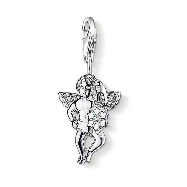 Charm DC0019 Angel: Silver cherub charm with wings, holding a flower and featuring a clear stone.
