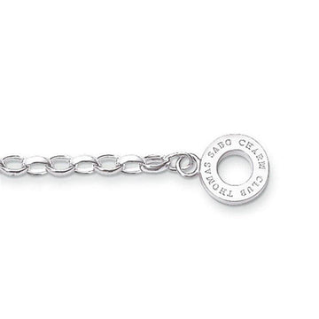 Silver charm bracelet with a chain link design and engraved circular charm.

