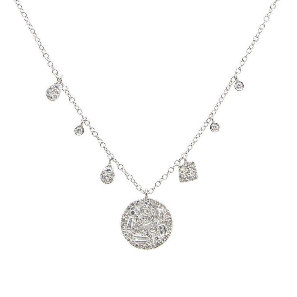 Circle Diamond White Gold Pendant necklace with baguette and round diamonds
