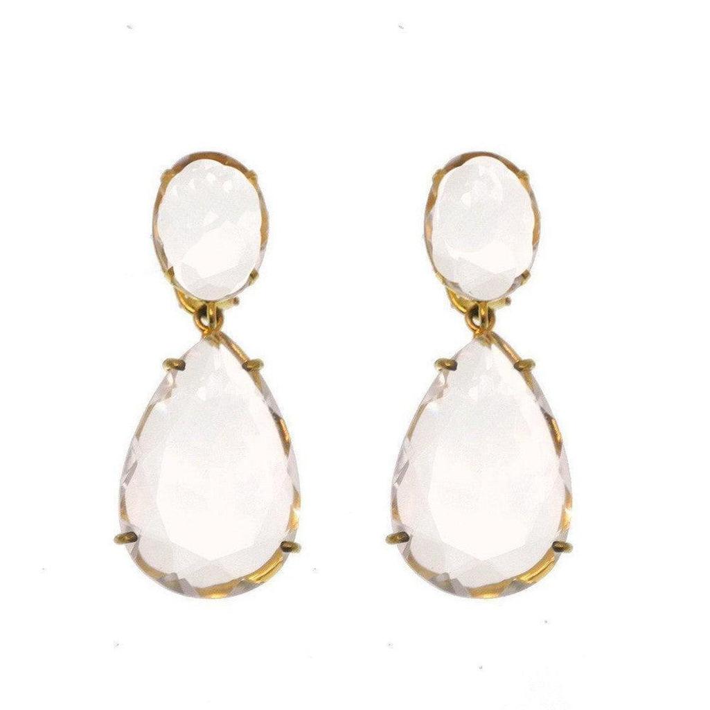 Clear Quartz Teardrop Earrings with gold settings; elegant, statement jewelry.
