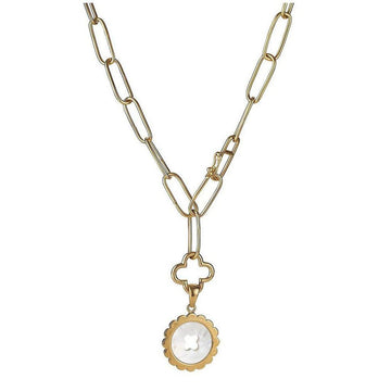 Gold chain necklace with clover charm and scalloped white stone pendant.
