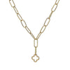Gold Clover Lariat necklace with oval chain and clover pendant.
